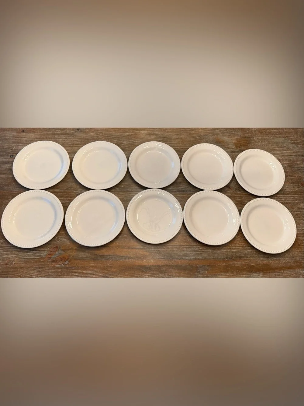 SET OF (10) POTTERY BARN EMMA BEADED STONEWARE DINNER PLATES